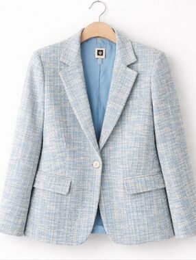 Anne Klein Light Blue Tweed Blazer | Classic Office Chic Jacket | Size M